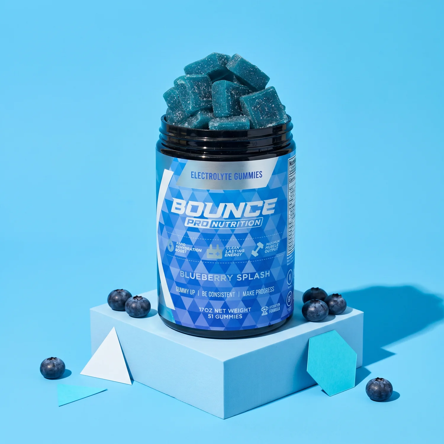 Blue Bounce Nutrition jar and gummies arranged on a geometric blue platform