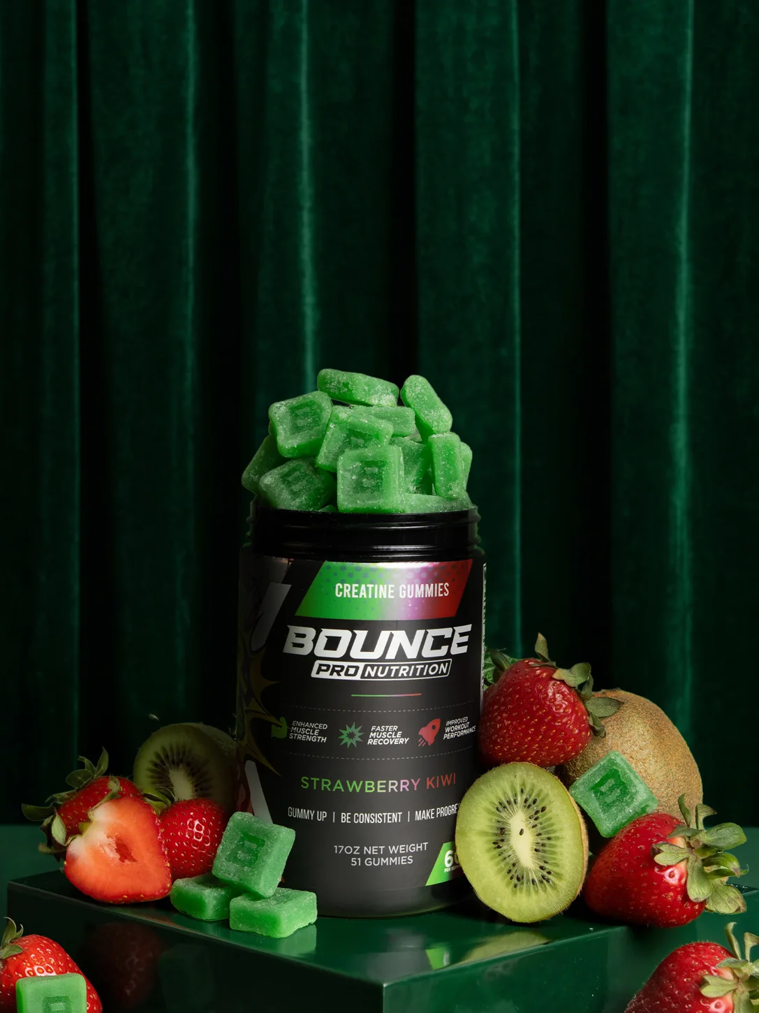 Retouched Bounce Nutrition product creative with green gummies and fruit