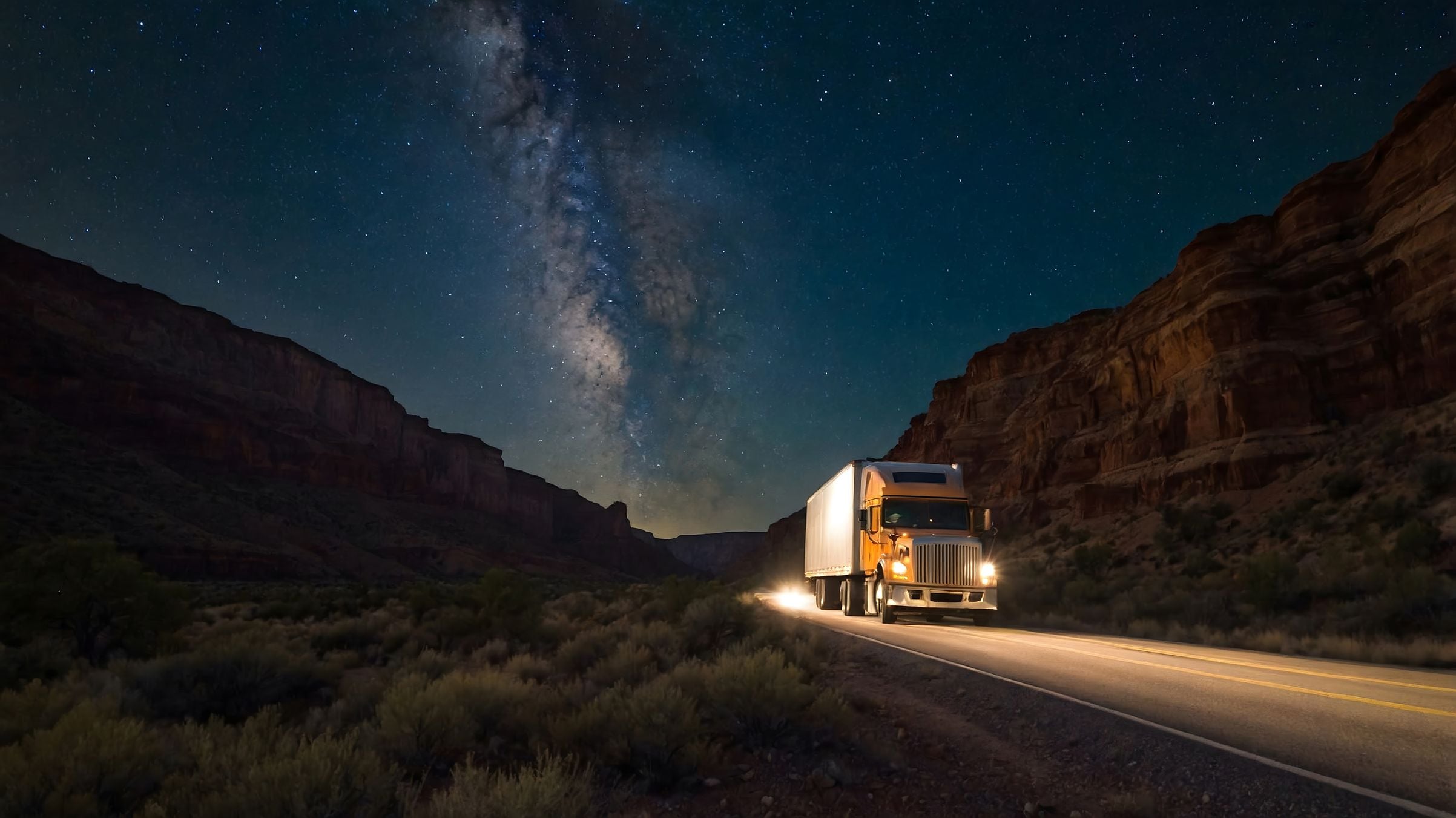 Semi truck driving through mountains