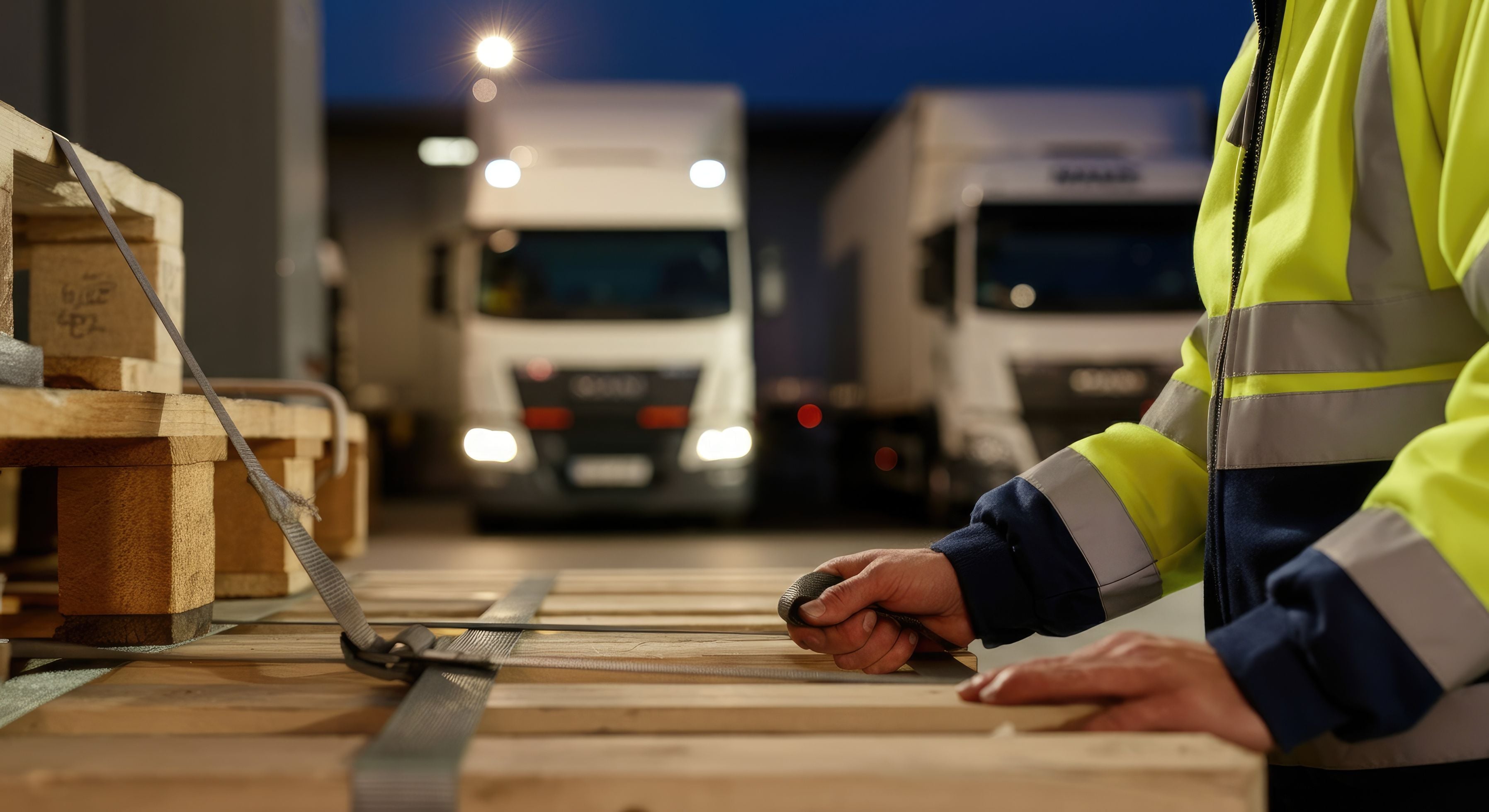 Logistics worker securing cargo on a wooden pallet